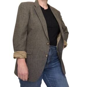 Tweed Herringbone Blazer by Calvin Klein 42R Two-Button Wool Made In France Gray